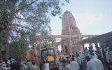 Rescue workers at the site of the Parbhani temple roof collapse in Maharashtra.