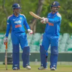 Vaibhav Sooryavanshi celebrates after scoring 94 runs in a cricket match