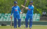 Vaibhav Sooryavanshi celebrates after scoring 94 runs in a cricket match