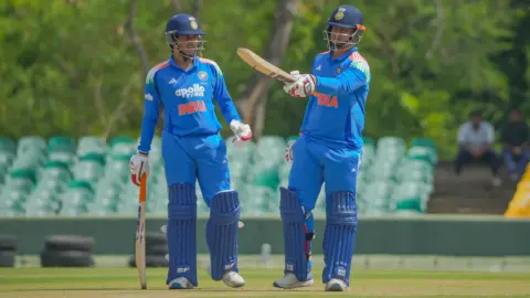 Vaibhav Sooryavanshi celebrates after scoring 94 runs in a cricket match