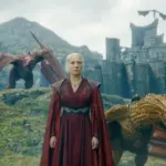 A dragon soaring over a castle, representing House of the Dragon Season 3.