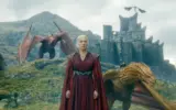 A dragon soaring over a castle, representing House of the Dragon Season 3.