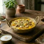 Delicious mango sheera served in a bowl, garnished with chopped nuts and saffron strands.