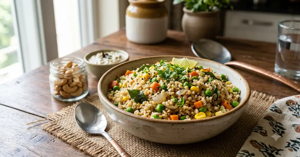 Healthy Dalia Upma recipe for weight loss, packed with vegetables and spices.