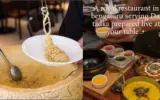 A chef presenting a beautifully plated dish in a theatrical manner, highlighting the food theatre experience.