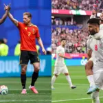 Romelu Lukaku of Belgium receives a yellow card during the Belgium vs Iran World Cup 2026 qualifier match.