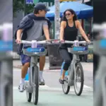 Timothée Chalamet and Kylie Jenner riding bikes together in New York City.