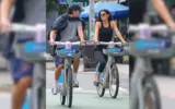 Timothée Chalamet and Kylie Jenner riding bikes together in New York City.