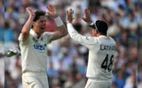 New Zealand players celebrate a wicket during the second Test against England at The Oval.