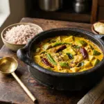 A bowl of delicious Kerala-style raw mango curry with coconut milk, garnished with curry leaves and red chilies.