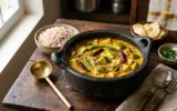 A bowl of delicious Kerala-style raw mango curry with coconut milk, garnished with curry leaves and red chilies.