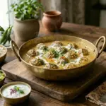 Delicious Afghani Chicken Kofta Curry served in a traditional bowl with naan bread.