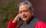 Shashi Tharoor, a prominent Congress leader, speaking at a press conference amidst a political storm over his remarks on Kashmir.
