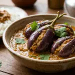 A close-up shot of Guthi Vankaya, a traditional Telangana recipe featuring stuffed eggplants in a rich gravy.