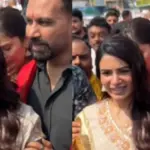 Raj Nidimoru escorts Samantha Ruth Prabhu away from fans at Tirumala.