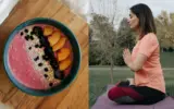 A colorful bowl of fruit and yogurt, representing a light pre-yoga meal.