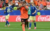 Netherlands players celebrate scoring a goal during their World Cup match against Sweden.