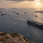 Oil tankers navigating the Strait of Hormuz after its reopening following a ceasefire, with oil prices falling.