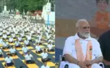 Prime Minister Narendra Modi participating in International Yoga Day 2026 celebrations in Kolkata, India.