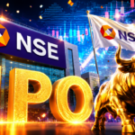 A close-up of the National Stock Exchange of India logo reflecting financial charts and stock market graphs in the background. The text NSE mega IPO in subtle white font overlays the lower left corner, illuminated by a focused blue and gold light.