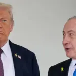Donald Trump and Benjamin Netanyahu in a handshake, representing a tense phone call discussed in a new book.