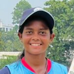 Akshara Gupta celebrates her record-breaking innings of 306 runs off 126 balls.