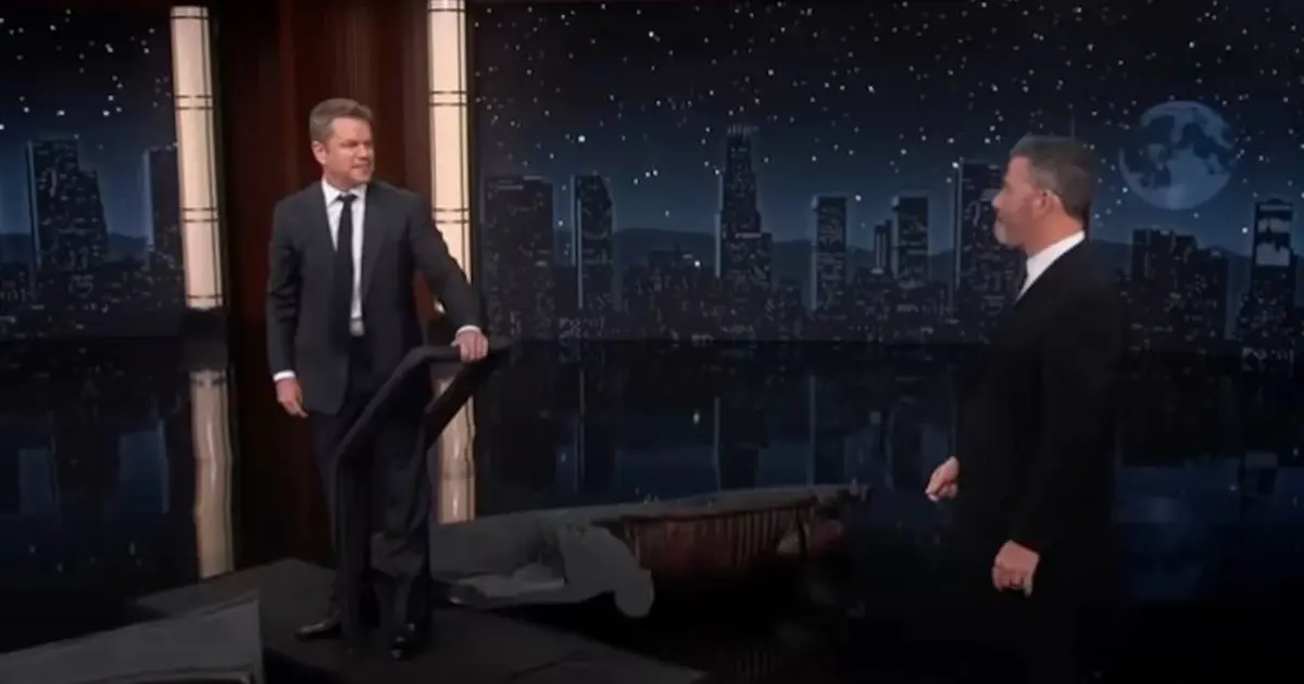 Matt Damon emerges from a Trojan Horse to surprise Jimmy Kimmel