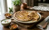 Golden brown dhaba-style onion paratha served hot with a side of yogurt and pickle.