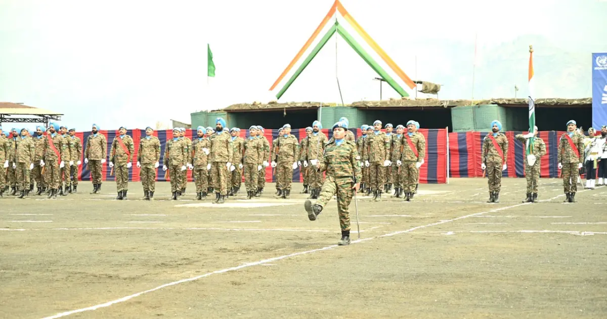 Indian Army peacekeepers receiving UN medals for their service in DR Congo, Sudan, and South Sudan.