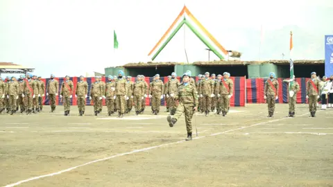 Indian Army peacekeepers receiving UN medals for their service in DR Congo, Sudan, and South Sudan.