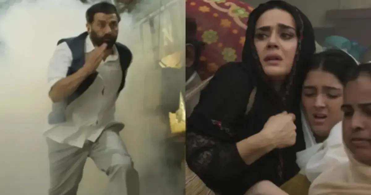Batwara 1947 teaser trailer scene with Sunny Deol holding a torch and Preity Zinta looking emotional.