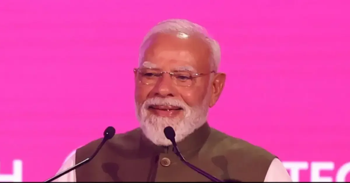 PM Modi speaking at VivaTech 2026 in Paris, emphasizing AI for all-inclusive development in India.