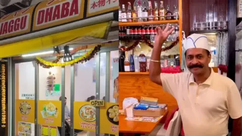 Jaggu Dhaba Tokyo owner serving authentic pani puri on a neon-lit street in Japan.