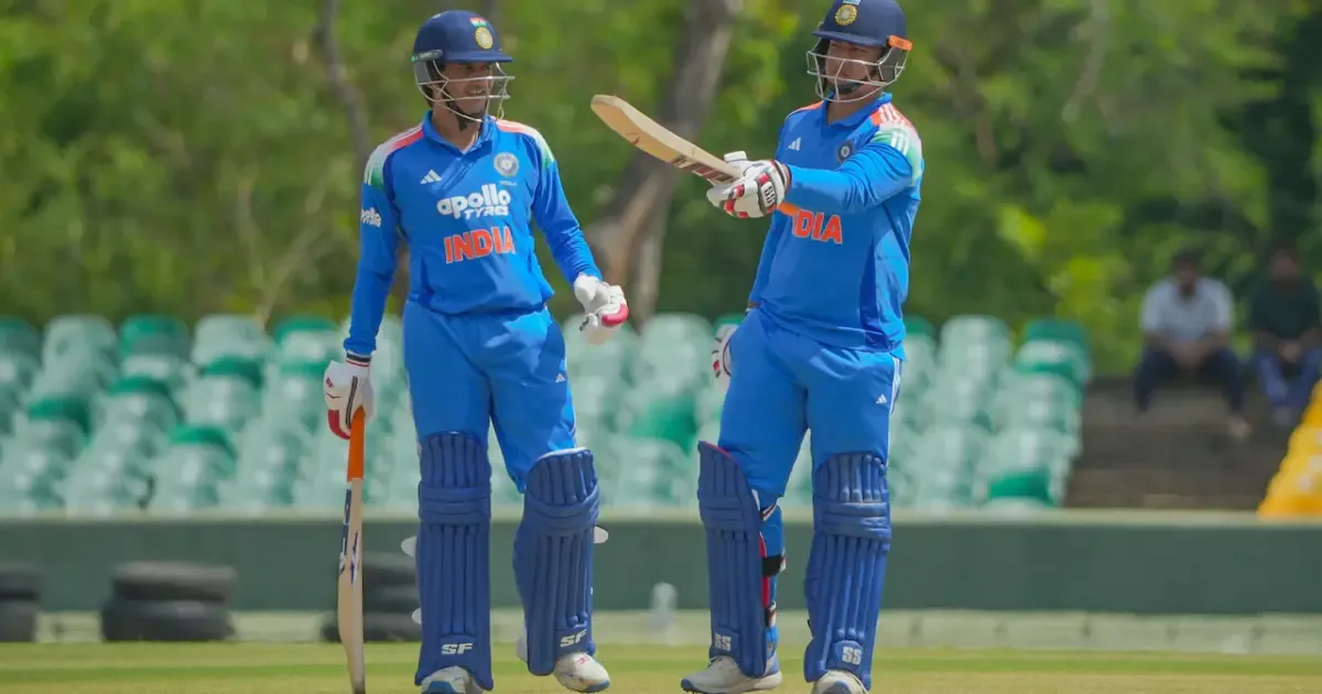 Vaibhav Sooryavanshi celebrates after scoring 94 runs in a cricket match