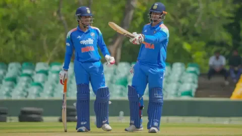 Vaibhav Sooryavanshi celebrates after scoring 94 runs in a cricket match