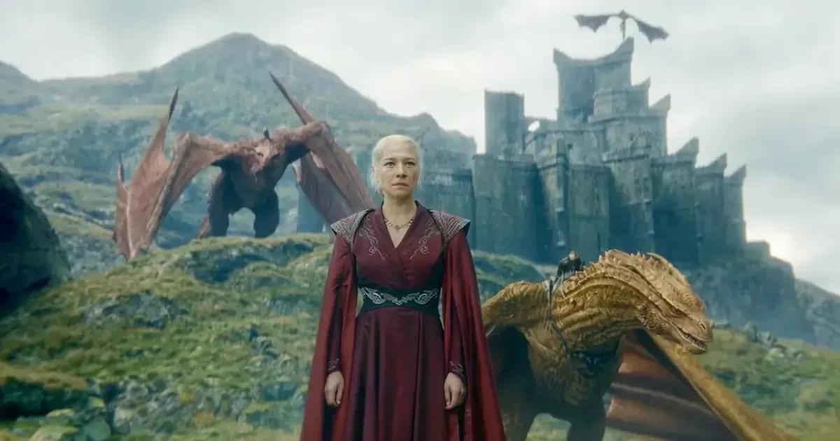 A dragon soaring over a castle, representing House of the Dragon Season 3.