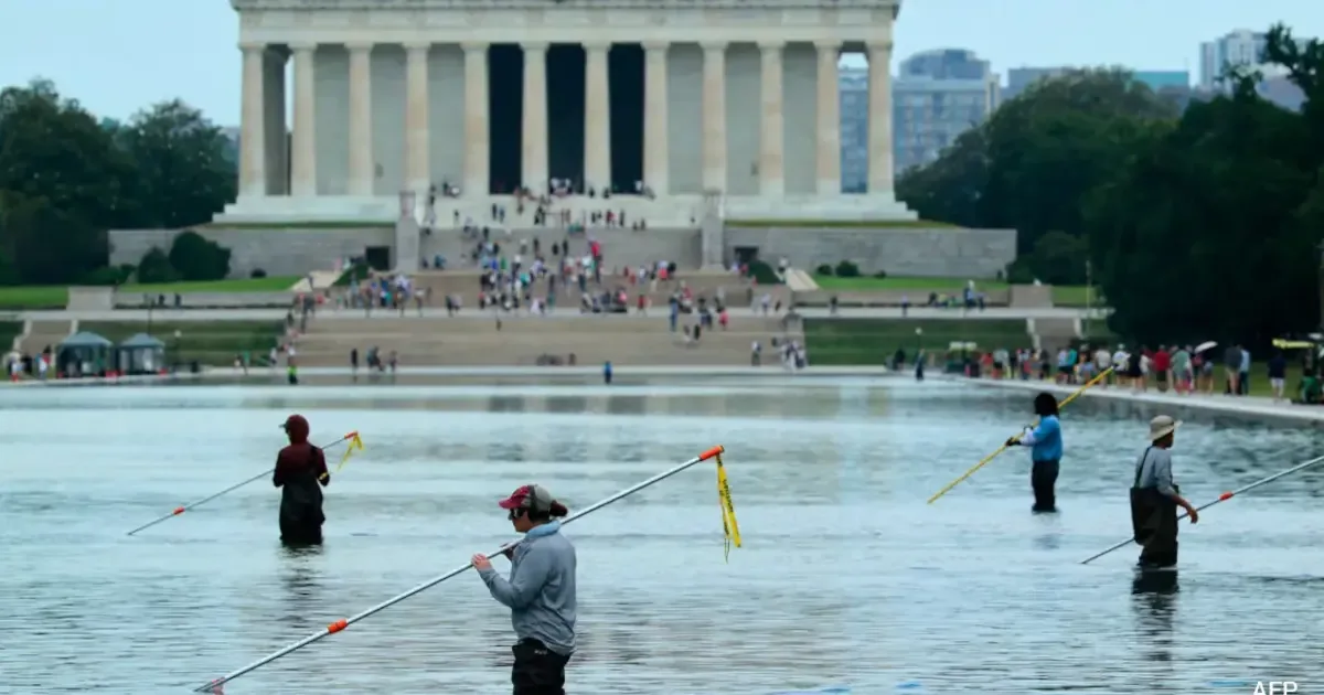 Close-up of peeling paint on the Trump Reflecting Pool, highlighting ongoing maintenance issues.