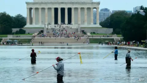 Close-up of peeling paint on the Trump Reflecting Pool, highlighting ongoing maintenance issues.