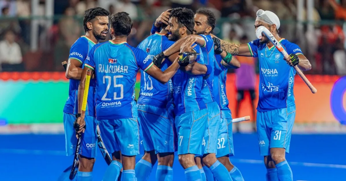 Indian hockey player in action during the FIH Pro League match against Germany.