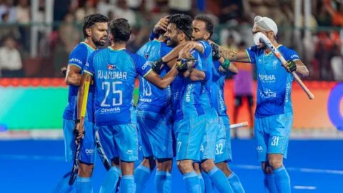 Indian hockey player in action during the FIH Pro League match against Germany.