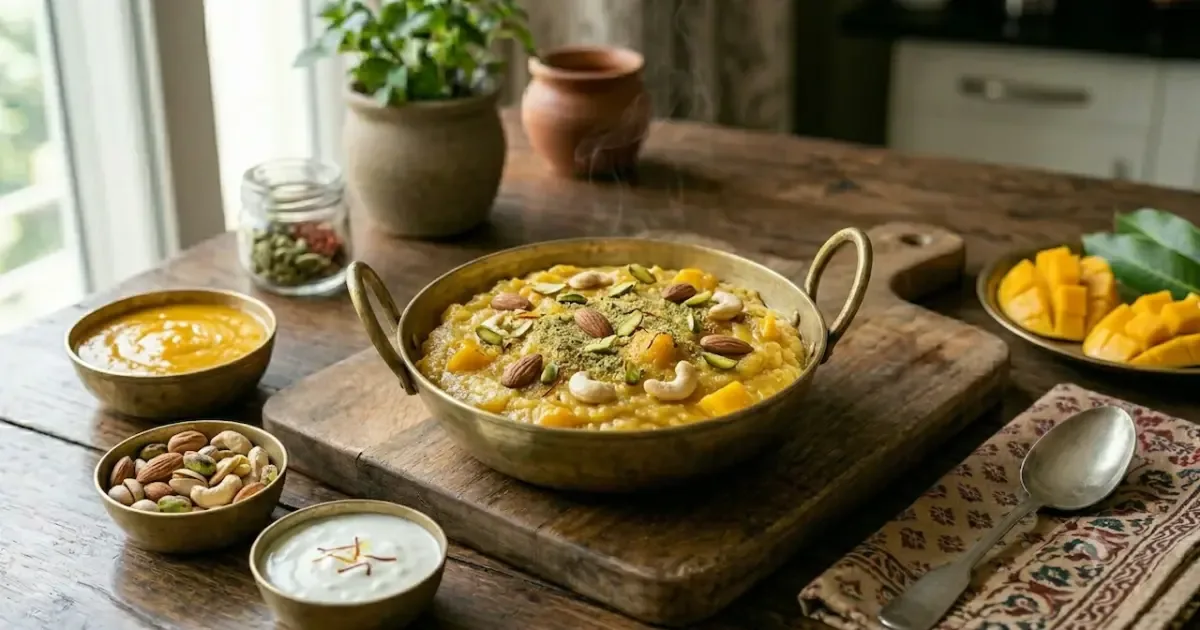 Delicious mango sheera served in a bowl, garnished with chopped nuts and saffron strands.