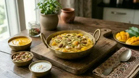 Delicious mango sheera served in a bowl, garnished with chopped nuts and saffron strands.