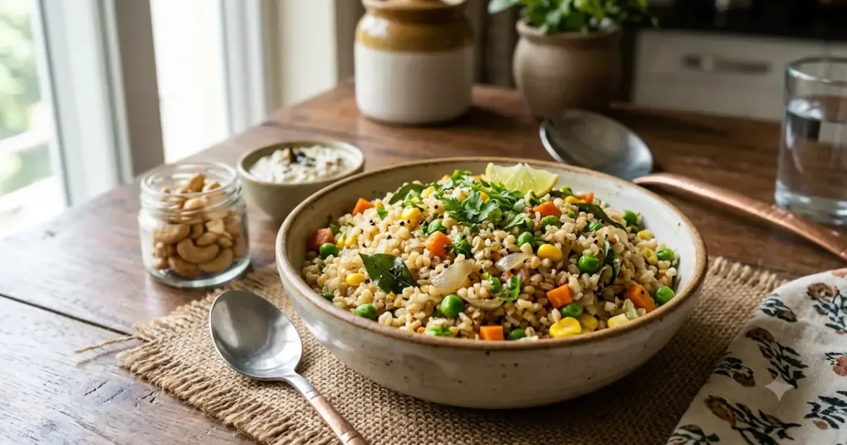 Healthy Dalia Upma recipe for weight loss, packed with vegetables and spices.