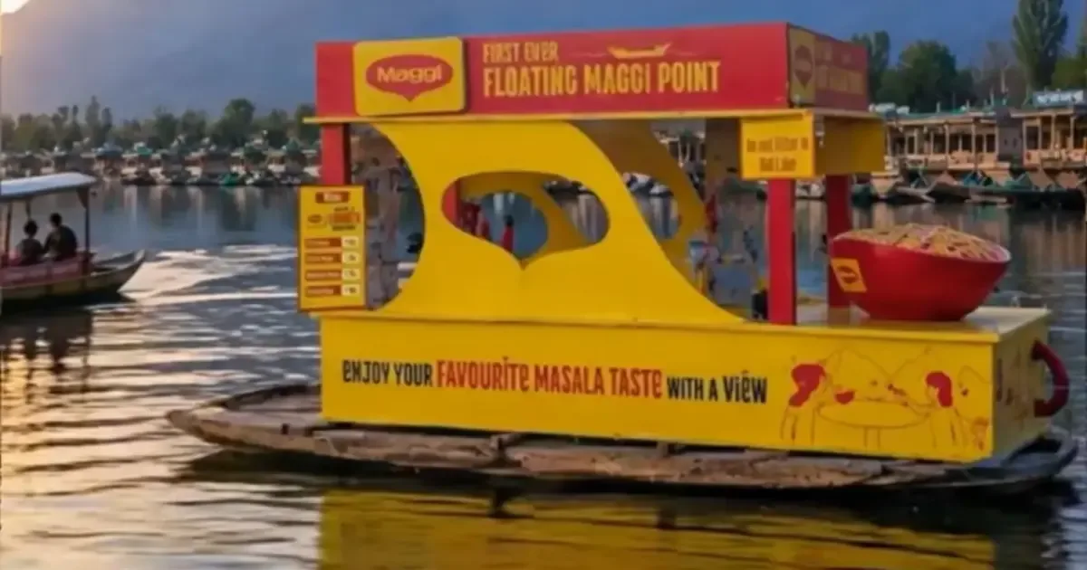 Floating Maggi point on Dal Lake, Srinagar, offering a unique culinary experience amidst stunning mountain views.