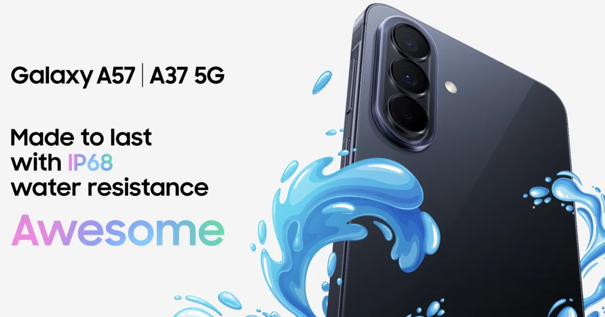 Samsung Galaxy A57 5G showing its water resistance during a durability test.