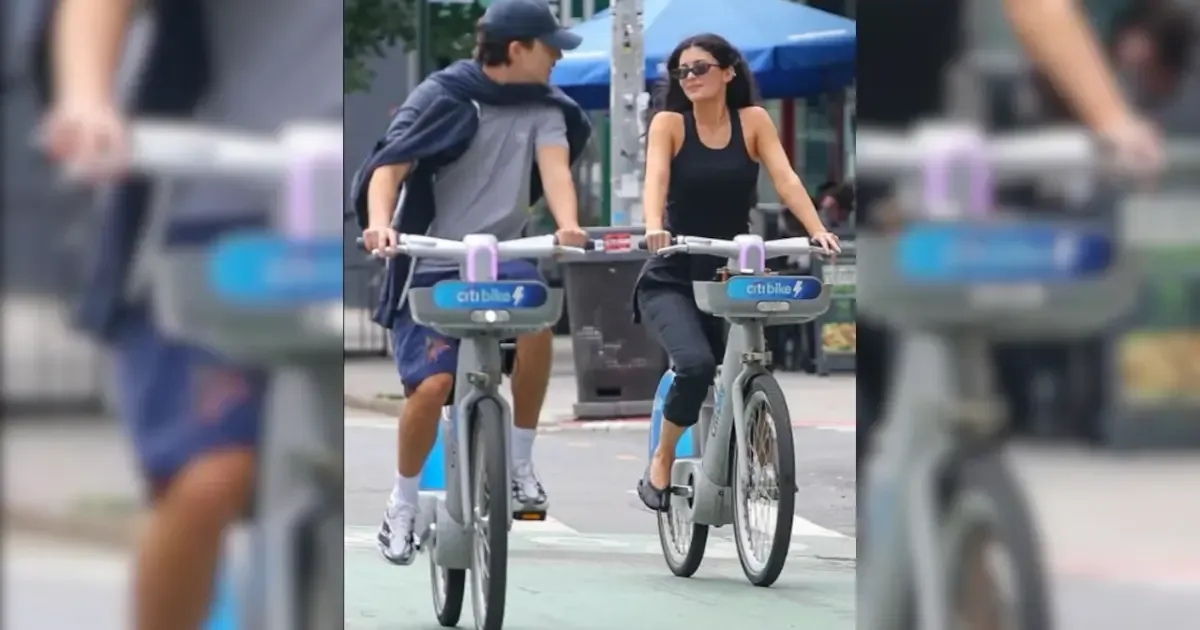 Timothée Chalamet and Kylie Jenner riding bikes together in New York City.