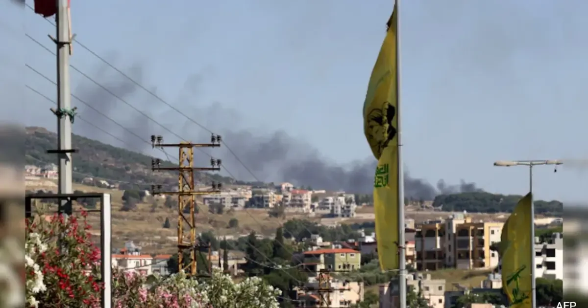 Explosion and smoke rising from a location in Lebanon following Israeli airstrikes, with a subtle background hint of international diplomacy.