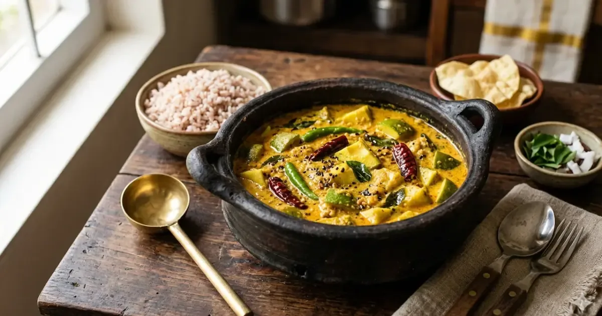 A bowl of delicious Kerala-style raw mango curry with coconut milk, garnished with curry leaves and red chilies.