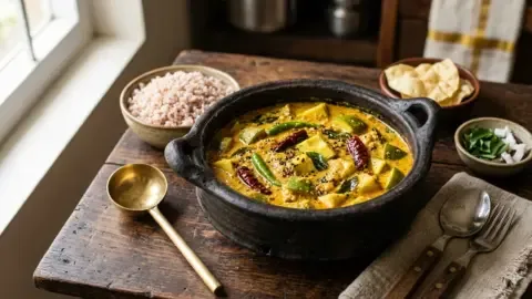 A bowl of delicious Kerala-style raw mango curry with coconut milk, garnished with curry leaves and red chilies.
