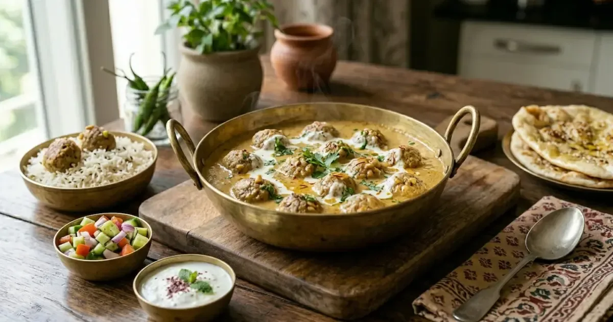 Delicious Afghani Chicken Kofta Curry served in a traditional bowl with naan bread.